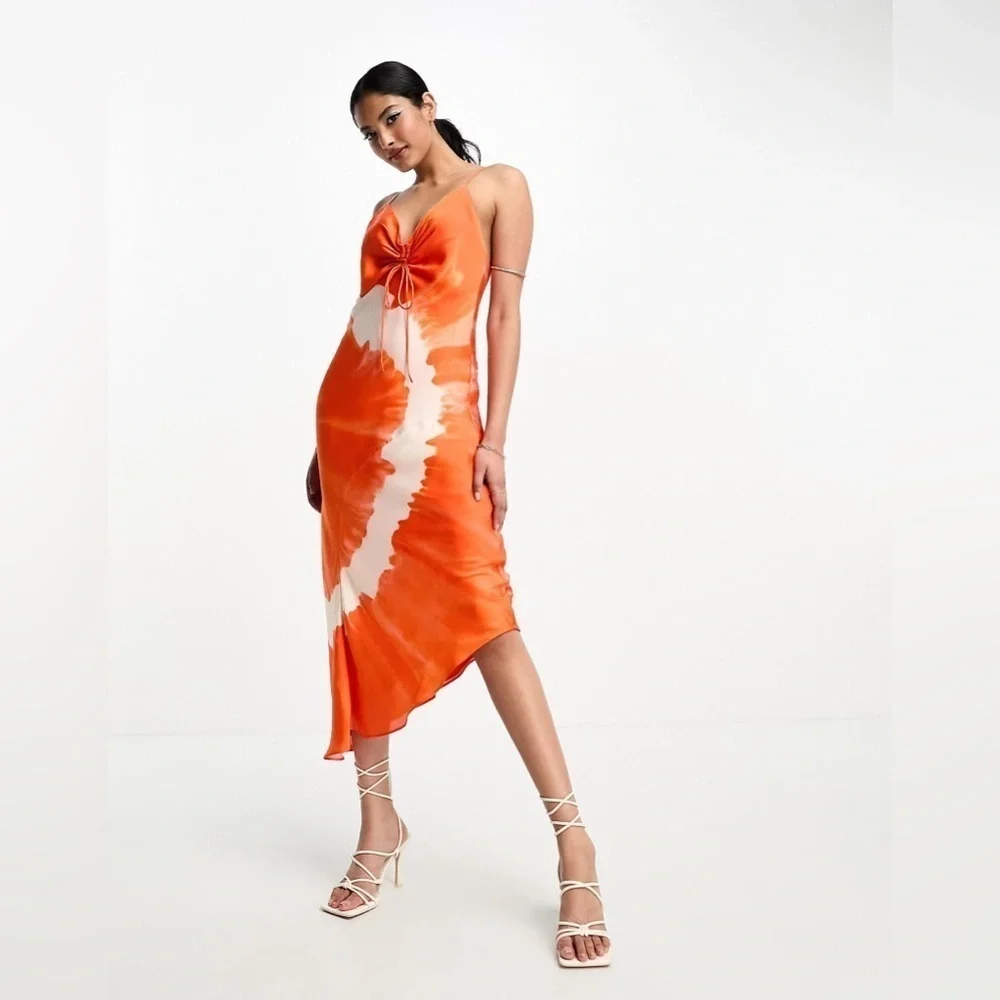 NEW All Saints Alexia Mariana Silk Blend Tie Dye Midi Dress Orange ๐ - Picture 7 of 16